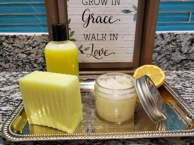 Lemon Blast Soap Bar, Body Wash, Sugar Scrub Trio